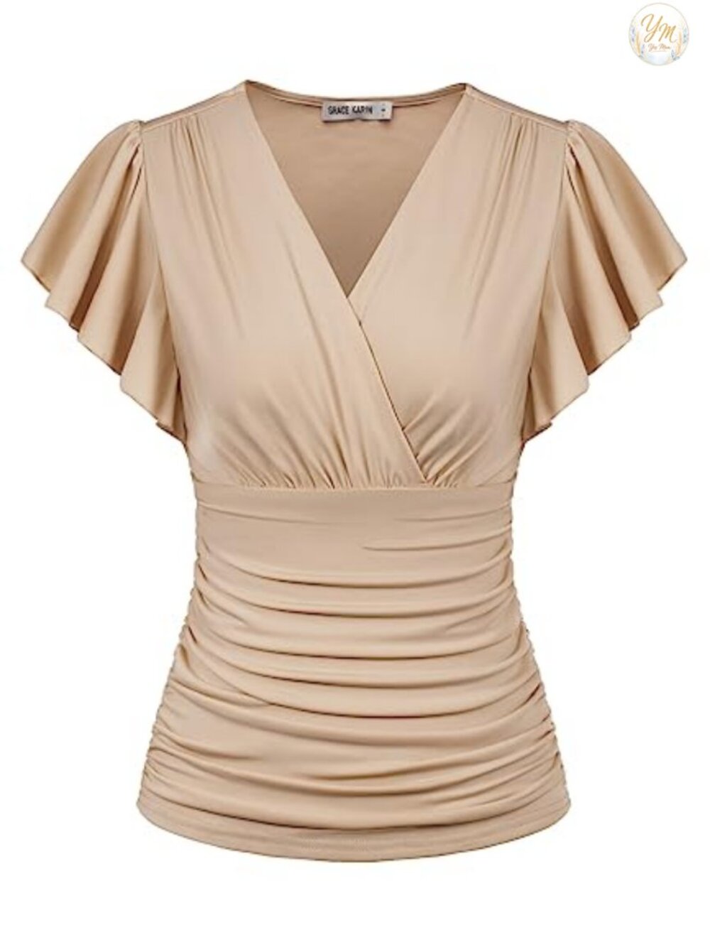 Women's Wrap V-Neck Blouse Ruffle Short Sleeve Ruched Summer Top Flattering
